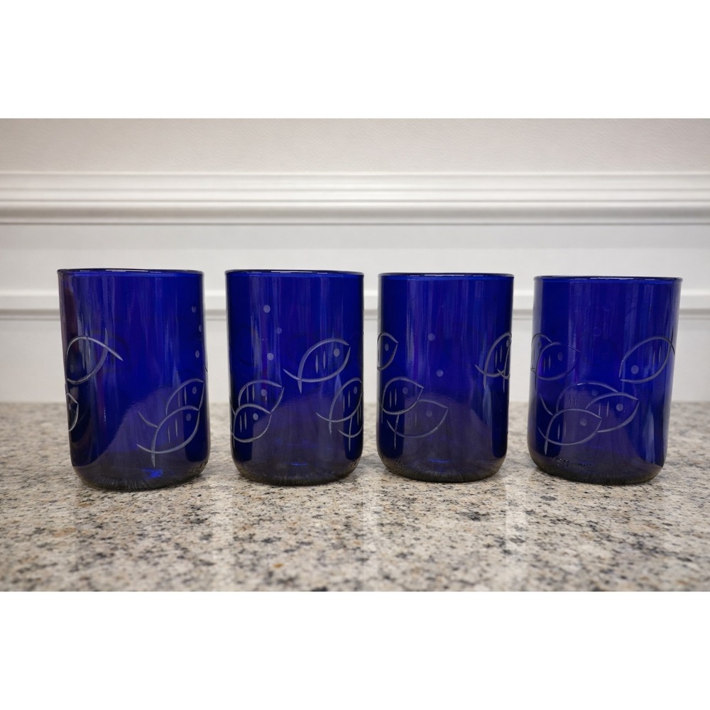 Rolf‎ Glass Blue Fish Twice Around 14 oz Recycled Glass Tumbler Set of 4 US Made